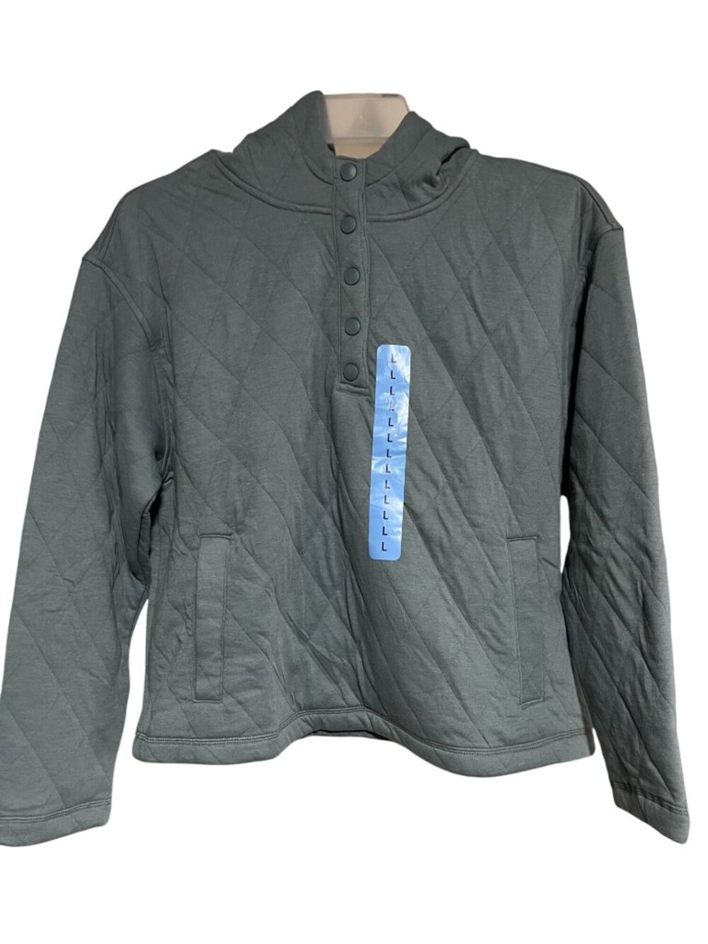 Lands End Womens Quilted Pullover Hoodie Sweatshirt Size L Light Blue/Green